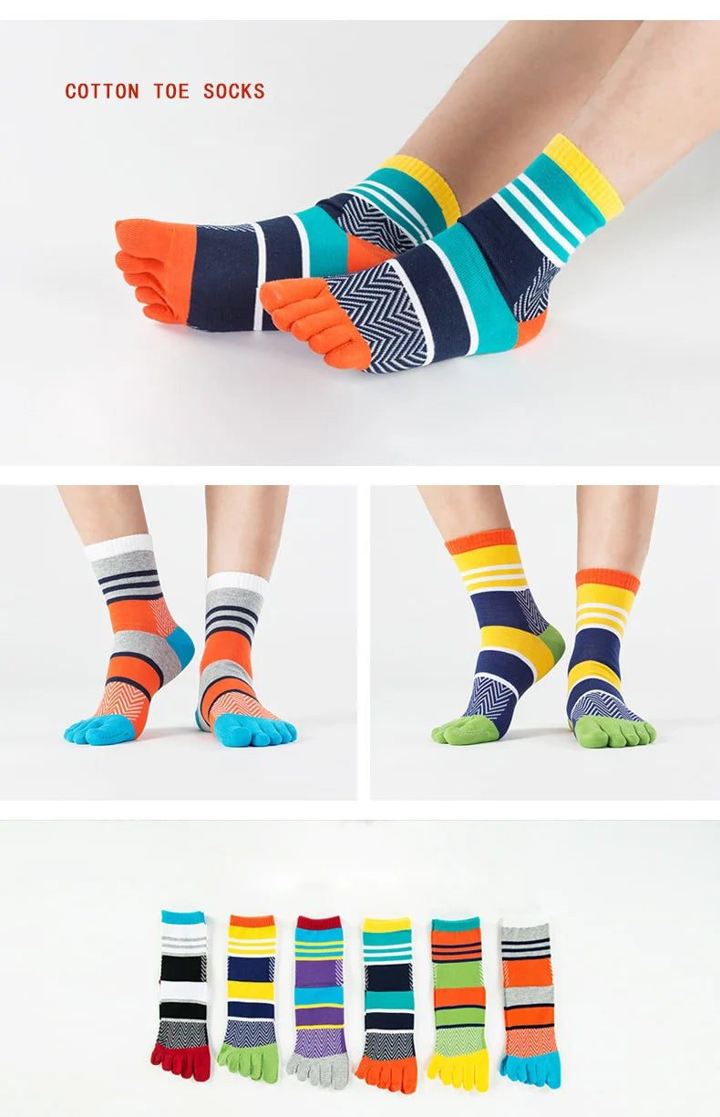 Spring Summer Cotton Toe Socks Mens Striped Contrast Colorful Patchwork Men Five Finger Socks Basket Calcetines