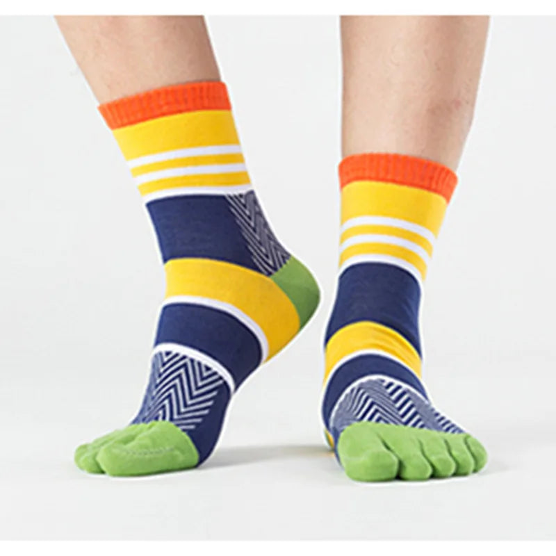 Spring Summer Cotton Toe Socks Mens Striped Contrast Colorful Patchwork Men Five Finger Socks Basket Calcetines