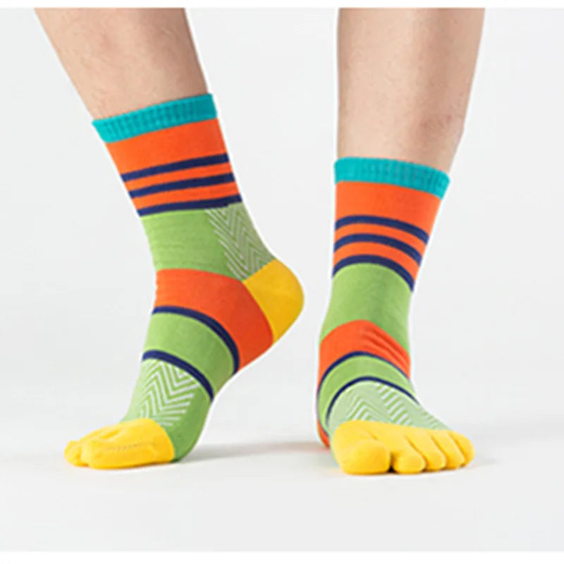 Spring Summer Cotton Toe Socks Mens Striped Contrast Colorful Patchwork Men Five Finger Socks Basket Calcetines