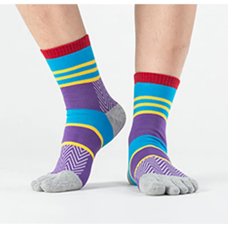 Spring Summer Cotton Toe Socks Mens Striped Contrast Colorful Patchwork Men Five Finger Socks Basket Calcetines