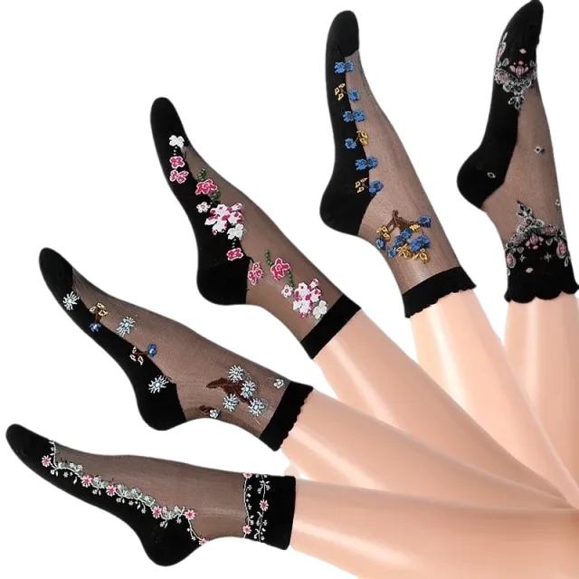 5 pairs of ice silk socks wholesale women's spring and summer mid tube socks breathable, anti slip, anti hook silk crystal thin