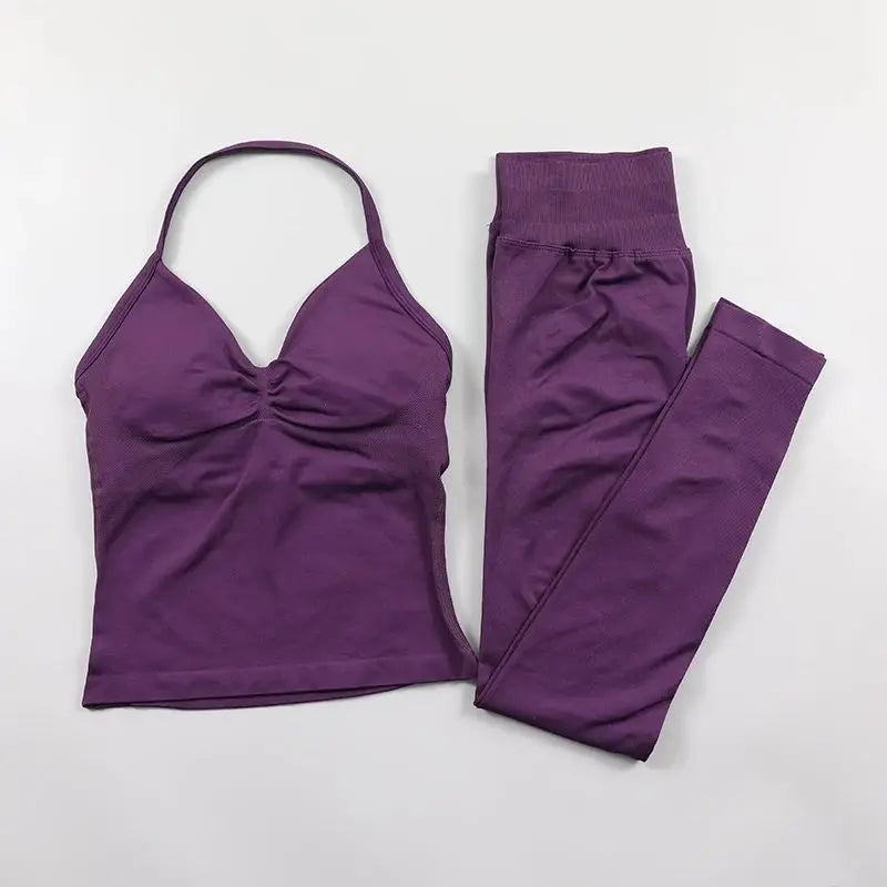 Omen's Lace-up Top and Leggings Set with Padded High Waist Folding and Seamless Design for Yoga Fitness and Gym Workouts
