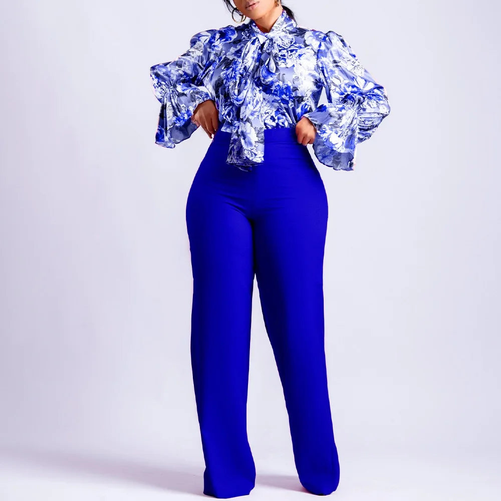 Women 2 Pieces Pants Sets Printed Blouse & Long Trousers Fashion Elegant Ladies Outfits Two Pieces Matching Pants Sets Clothes