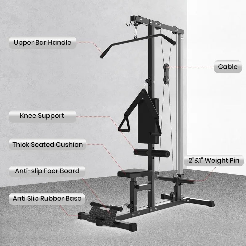 LAT Pulldown Machine, Multi-Functional Cable Machine with High Low Pulley Station, Row Cable Machine Home Gym Leg Support