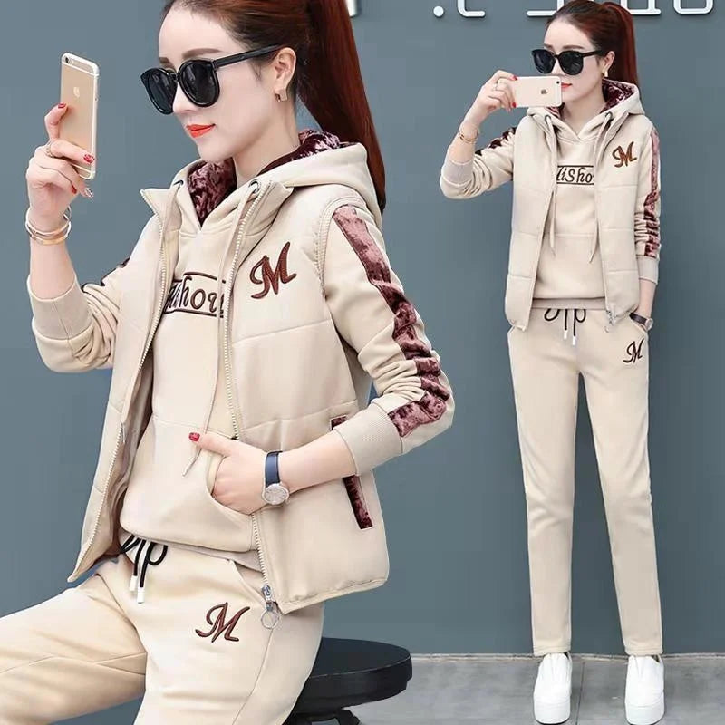 Women's Casual Fashion Autumn Winter New Sweat Suit Plush Thickened Hooded Tops and Waistcoat Pants 3 Three Piece Sets For Women
