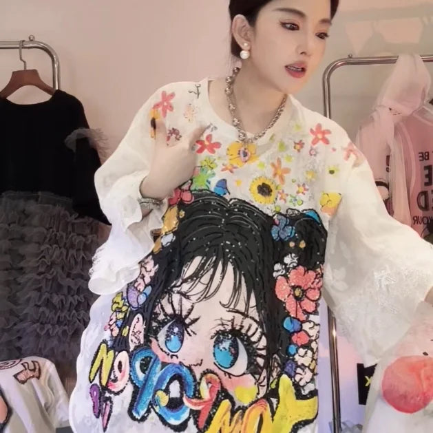 Women's Clothing 2025 Summer New Heavy Industry Lace Cartoon Little Girl Short-sleeved T-shirt Loose Versatile Trendy Girl Tee