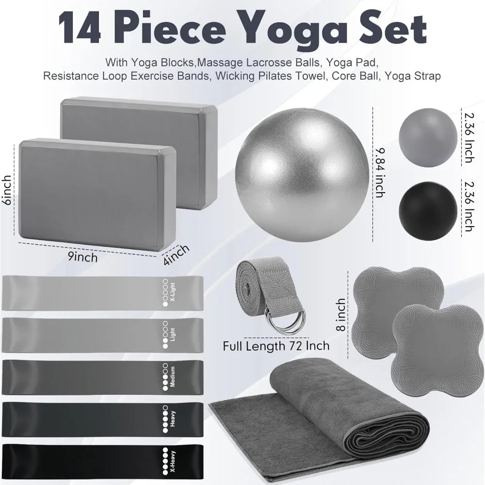 14 Pcs Yoga Kits for Home Workouts Pilates Equipment Set for Women Beginners Include Hot Yoga Towel Blocks Strap, Knee Pad, Resi