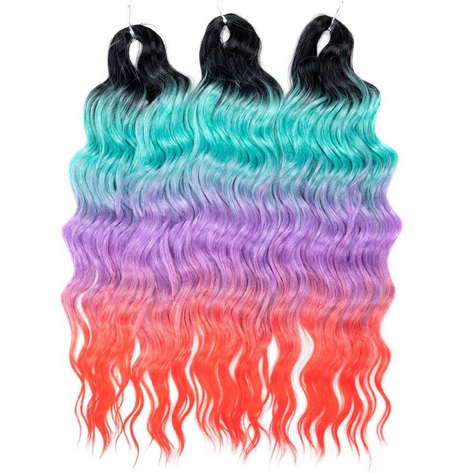 FASHION IDOL 24" 3pcs Deep Wave Curl Hair Synthetic Water Wave Braiding Hair Extensions Ombre Rainbow color Twist Crochet Hair