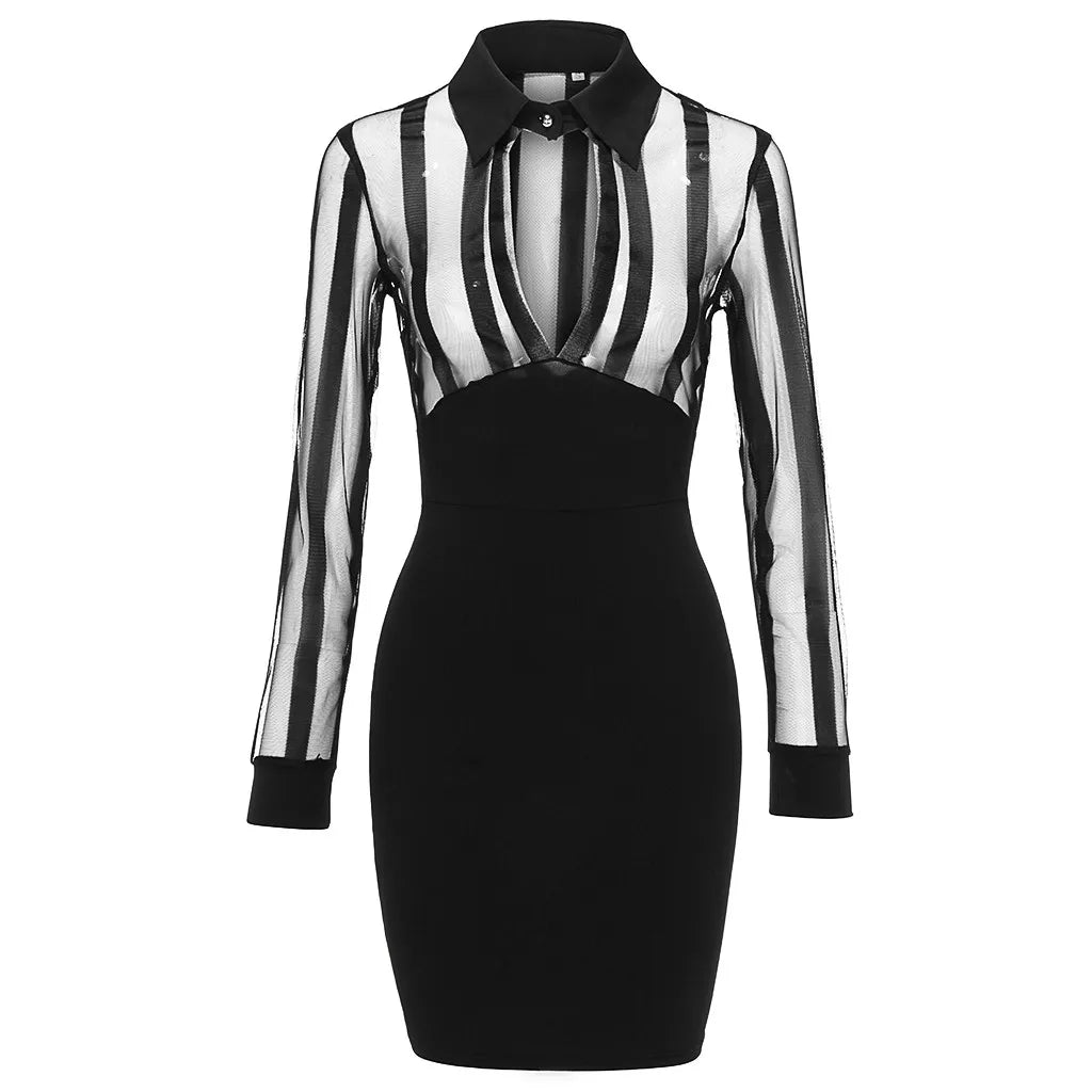 Women's Dresses Fashion Women Long Sleeve Sheer Striped Mesh Patchwork Bodycon Casual Work Dress