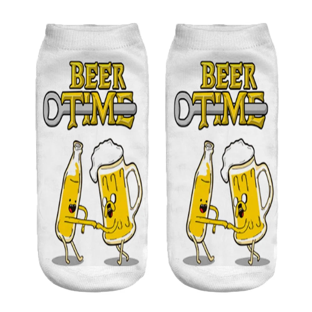 New Design Funny Fashion Harajuku Women Socks Novelty 3D Beer Pattern Socks Hiphop Solid Cotton Cool Ankle Short Socks