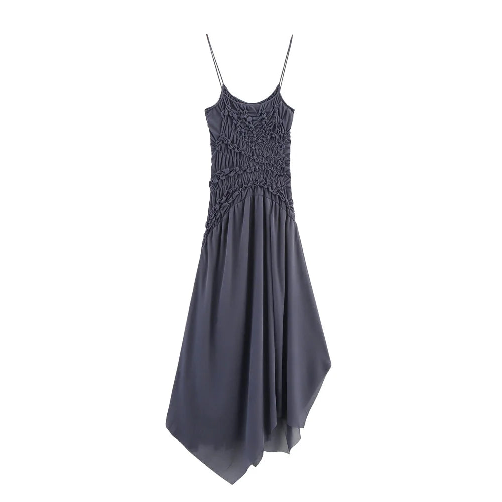 2025 new women's clothing casual elegant European and American style design sense simple pleated decoration asymmetric dress