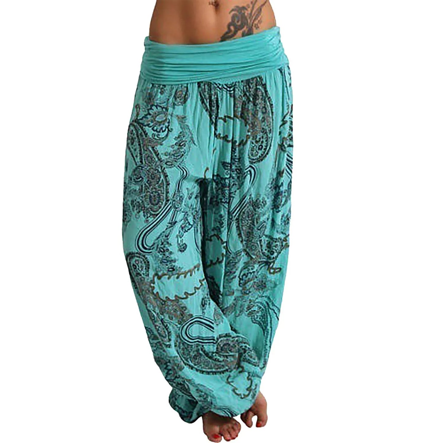 Women's Fashion Lightweight Loose Ethnic Style Pleated Trousers Casual Soft and Comfortable Printed Yoga Pants