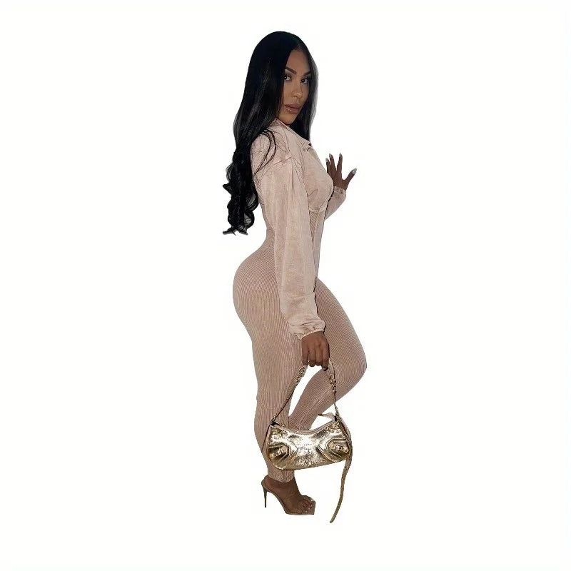Costumes Accessories European and American Fashion Women's Clothing Washed and Worn Deep V Tight Long-sleeved Autumn Jumpsuits