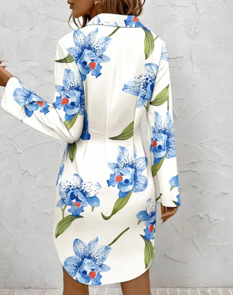 Women's Fashion Printed Comfortable Long-sleeved Lace-up Shirt Dress Ladies Mid-waist Single-breasted Gentle Casual Mini Dress