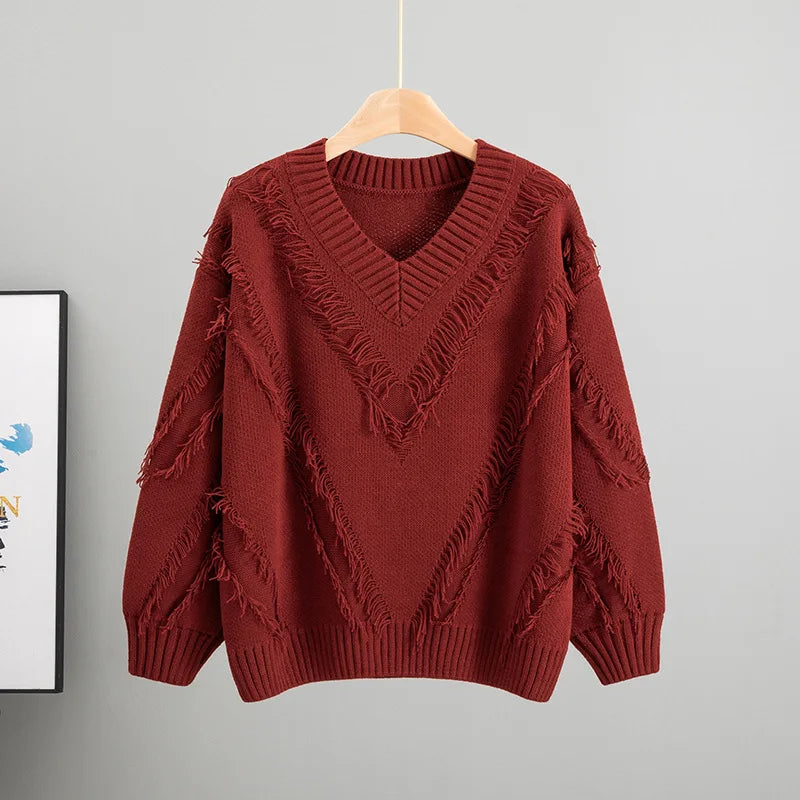 European and American New Women Clothing 2025 Autumn Lazy Wind Striped V-neck Sweater Loose Pullover Knitted Sweater Women