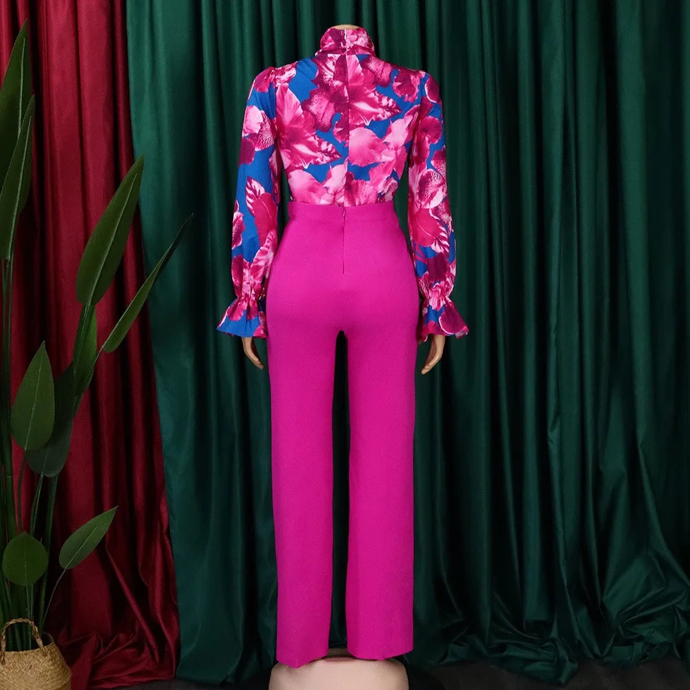 Women 2 Pieces Pants Sets Printed Blouse & Long Trousers Fashion Elegant Ladies Outfits Two Pieces Matching Pants Sets Clothes