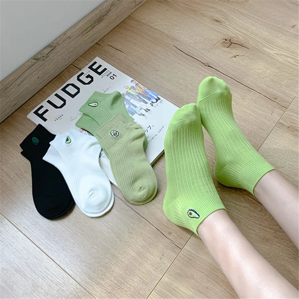 Women Solid Avocado Embroidery Socks Casual Joker Cotton Short Socks for Ladies Concise College Style Breathable Sox Trendy