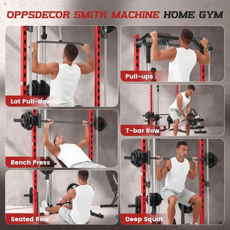 OPPSDECOR Smith Machine Power Rack for Home Gym - All-in-One Power Cage Squat Rack with LAT Pulldown, Cable Machine