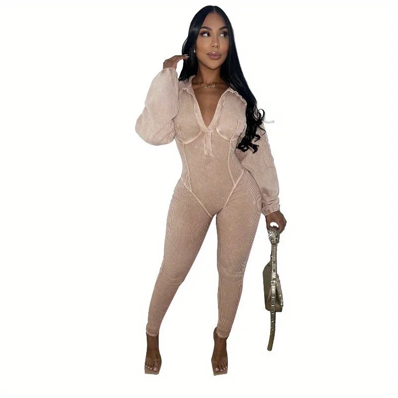 Costumes Accessories European and American Fashion Women's Clothing Washed and Worn Deep V Tight Long-sleeved Autumn Jumpsuits