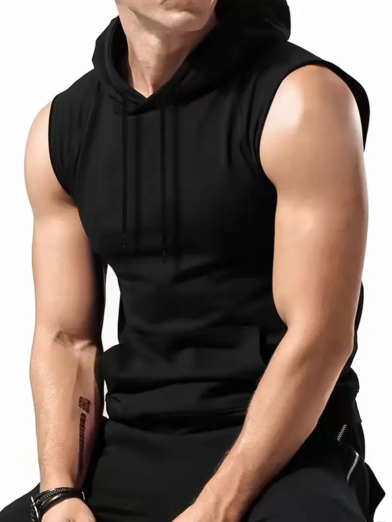 Men's Summer Solid - Color Black Hooded Drawstring Vest with a Simple and Casual Style This Vest Is a Perfect Choice for Men in