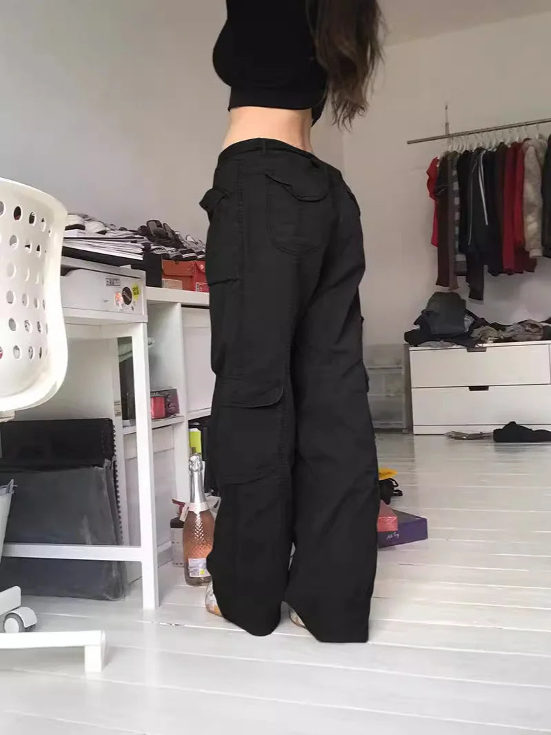 European and American trend: women's clothing, casual street style, loose waistband, high waist, multiple pockets, gray wide leg