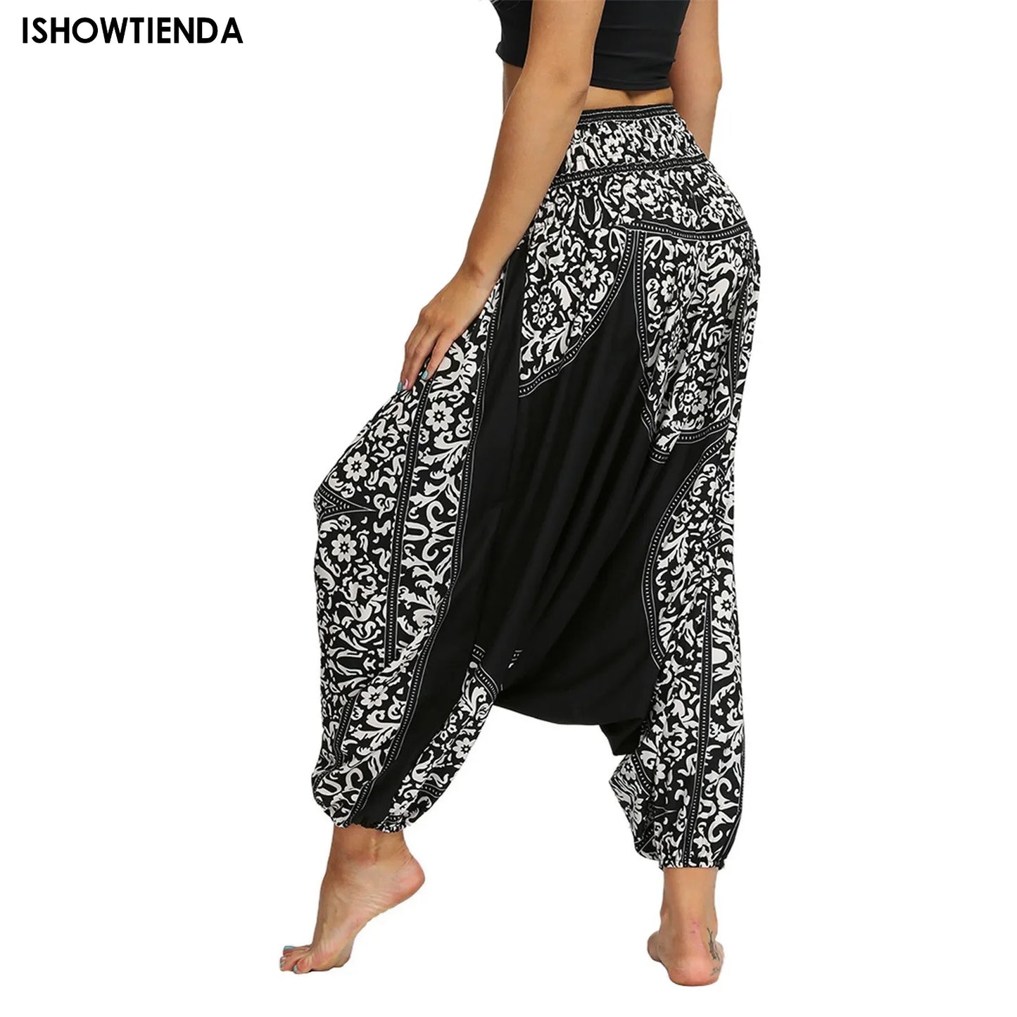 Women Bohemian Harem Pants Elastic Waist Wide Leg Long Pant Vintage Printed Trousers Female Loose Capris Ladies Streetwear
