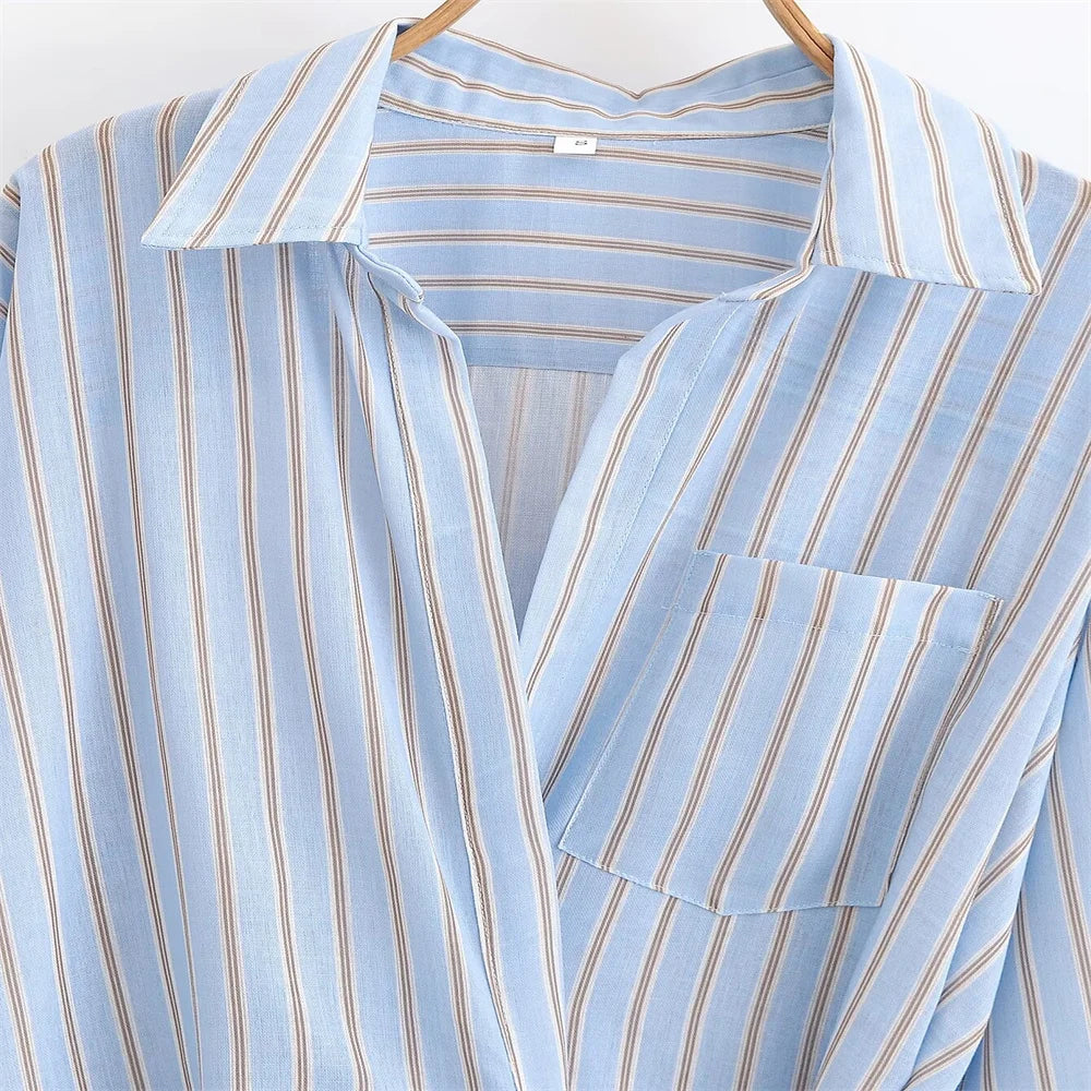 New women's clothing European and American style fashionable simple casual striped double breasted dress