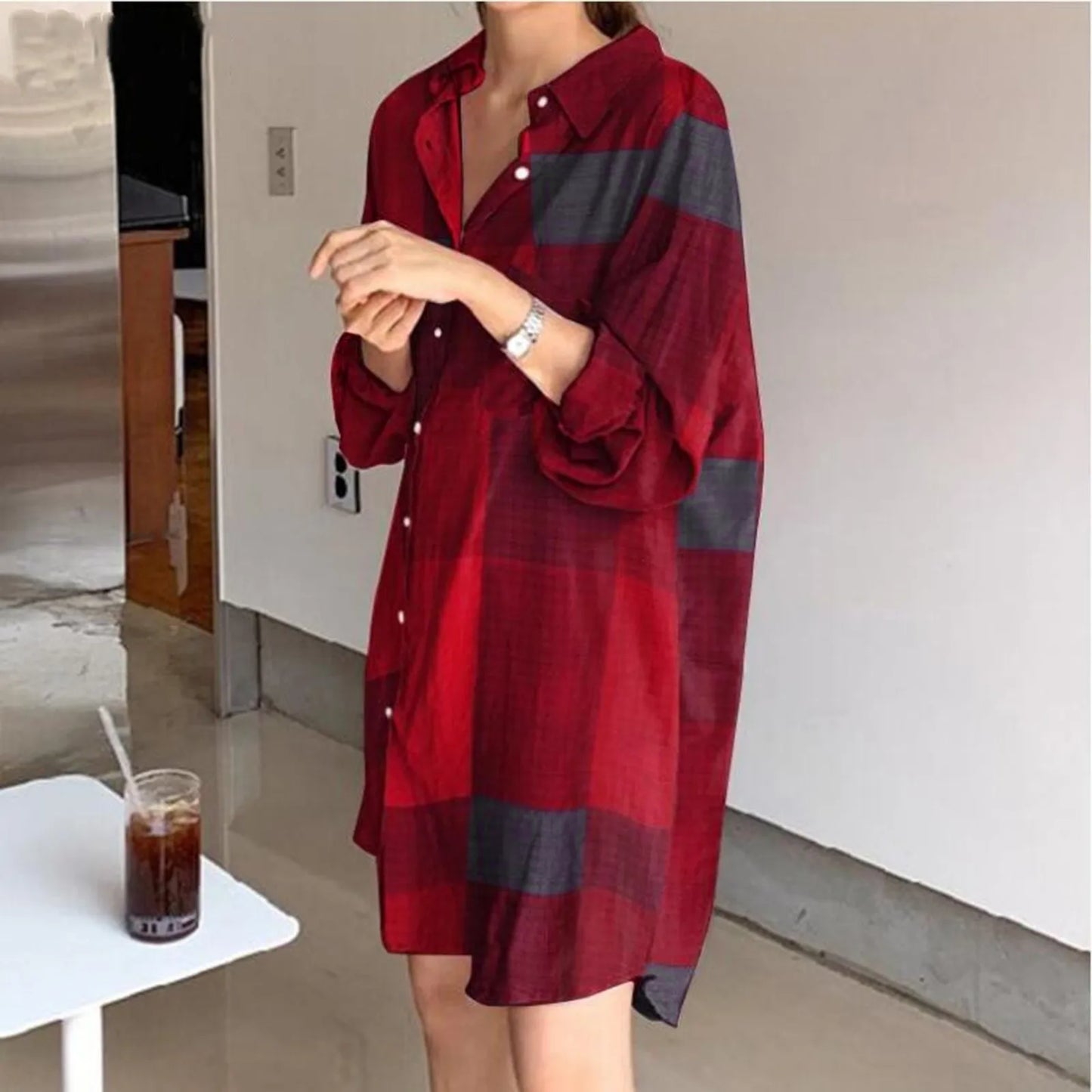 Women'S Fashion Casual Plaid Print Lapel Single-Breasted Panel Straight Long Sleeve Loose Shirt Dress Vestidos En Oferta Liquida