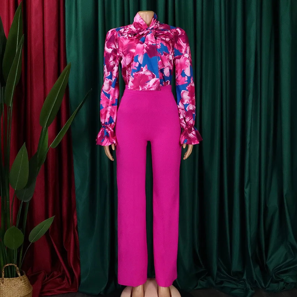 Women 2 Pieces Pants Sets Printed Blouse & Long Trousers Fashion Elegant Ladies Outfits Two Pieces Matching Pants Sets Clothes