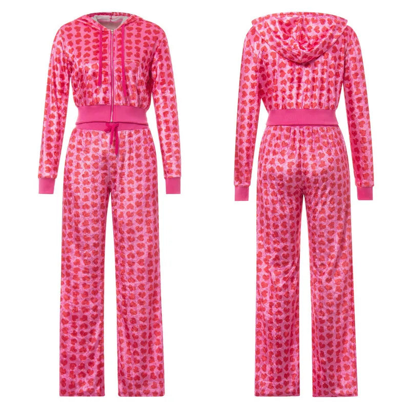 Women's Pants Suits Female Short Coat Heart Print Long Sleeve Tops with Zipper and Pockets Women's Clothes for Spring Fall 2024