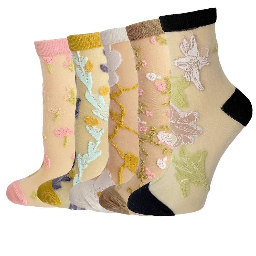 5 Pairs/Set France Hipster Design Glass Silk Floral Bird Funny Socks Women Transparent Art Ankle Socks Jacquard