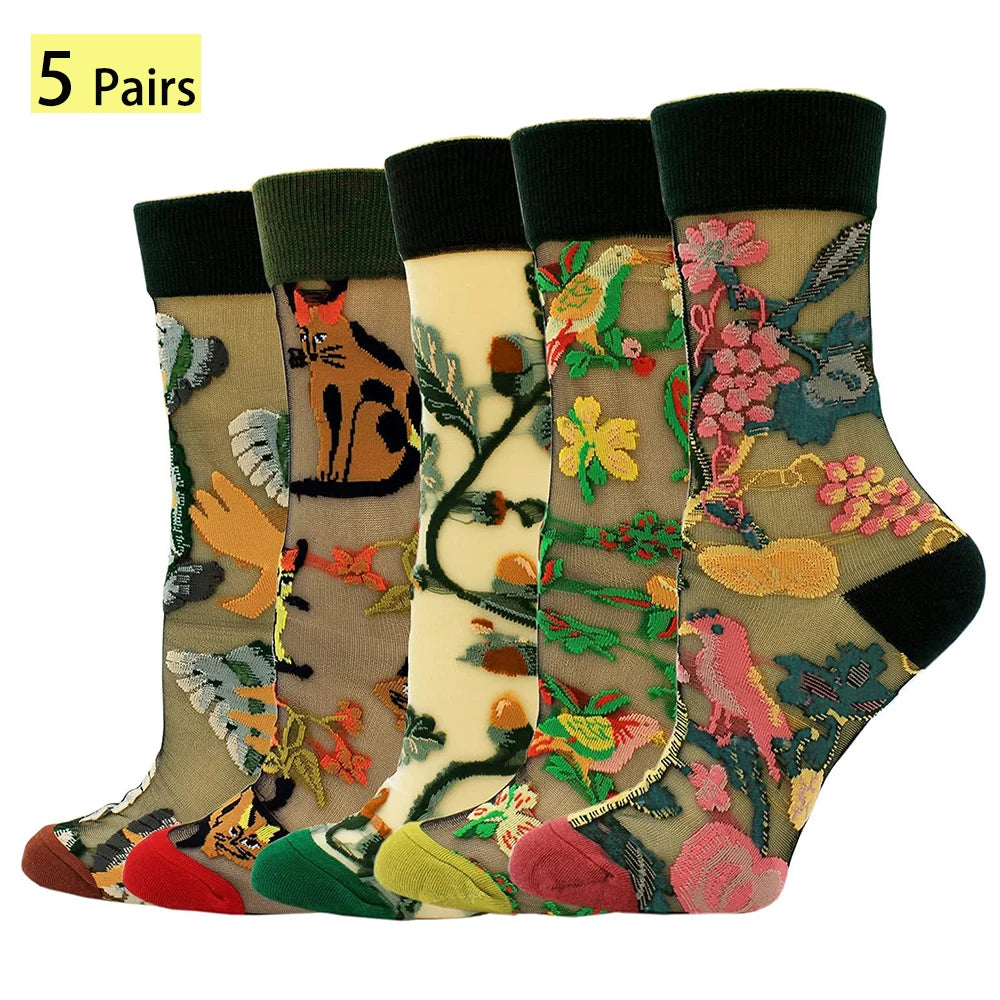 5 Pairs/Set France Hipster Design Glass Silk Floral Bird Funny Socks Women Transparent Art Ankle Socks Jacquard