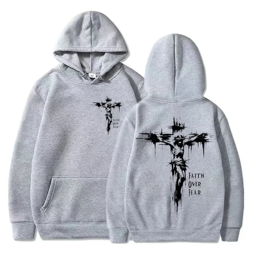Men's hoodie with religious cross and motivational text prints pullover style autumn fashion hooded hoodie casual hoodie unisex