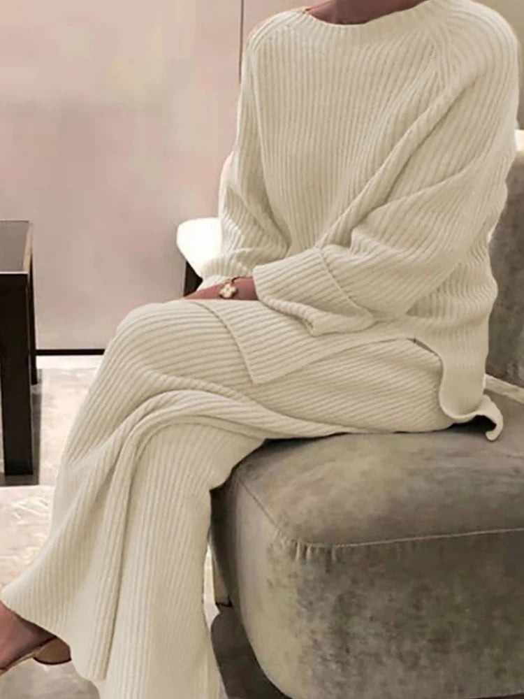 Women Elegant Sweater Suit Elegant Knitted Two Pieces Set Autumn Winter Oversized Pullover and Trousers Suit Female Outfits 2022