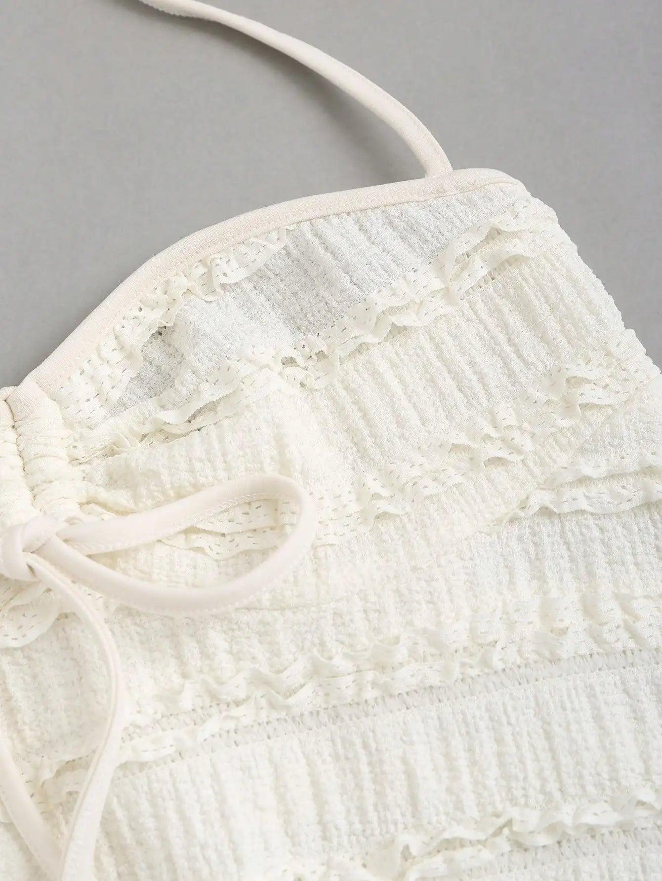 Women's Summer Fashion Casual Apricot Drawstring Neck Knitted Lace Textured Short Halter Neck Lace Up Vest Top