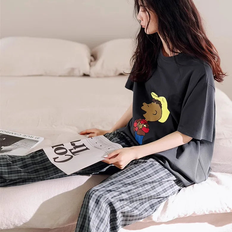 Women's Fall and Winter Pajamas Short-Sleeved Pants Suit Sleepwear Homewear Letters Strawberry Plaid Pants Nightwear Loungewear