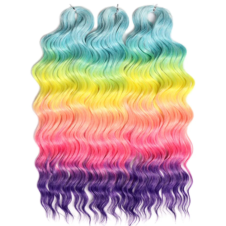 FASHION IDOL 24" 3pcs Deep Wave Curl Hair Synthetic Water Wave Braiding Hair Extensions Ombre Rainbow color Twist Crochet Hair