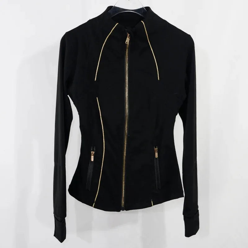 Women's Yoga Jacket with Golden Zipper | Slim Fit Stand Collar Cardigan | Anti-Slip Hem & Thumb Holes | Quick-Dry High Ela