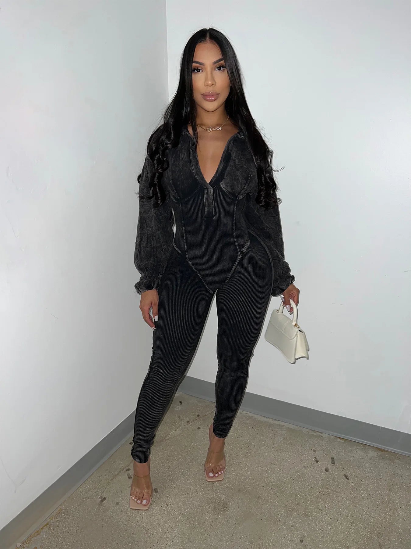 Costumes Accessories European and American Fashion Women's Clothing Washed and Worn Deep V Tight Long-sleeved Autumn Jumpsuits