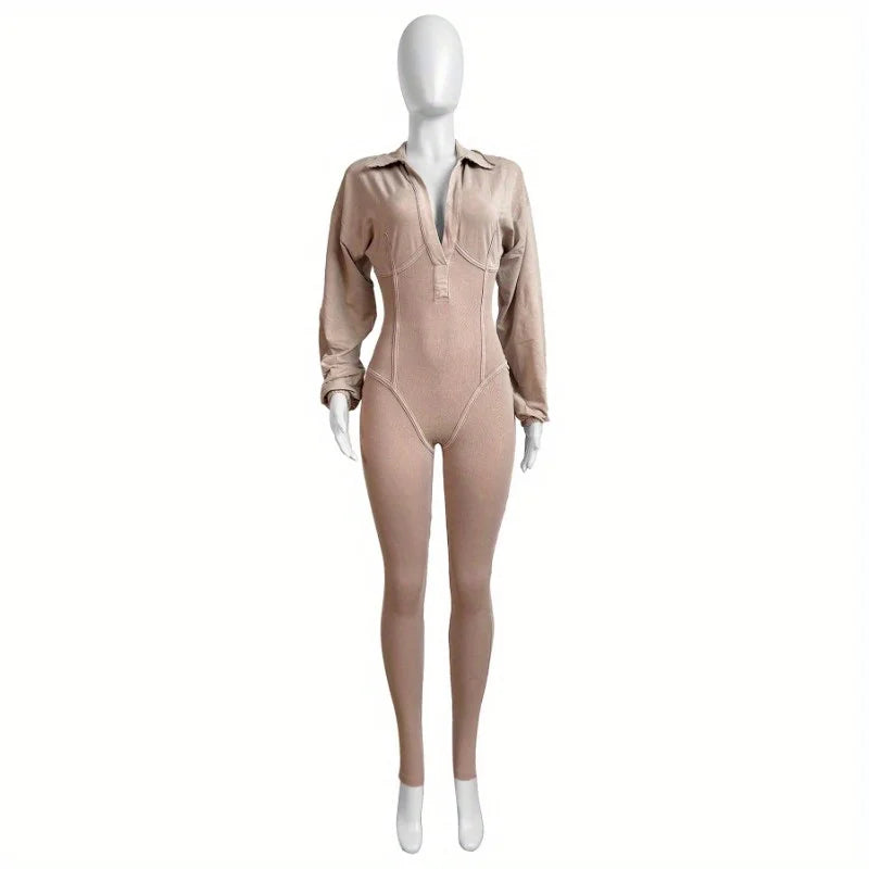 Costumes Accessories European and American Fashion Women's Clothing Washed and Worn Deep V Tight Long-sleeved Autumn Jumpsuits