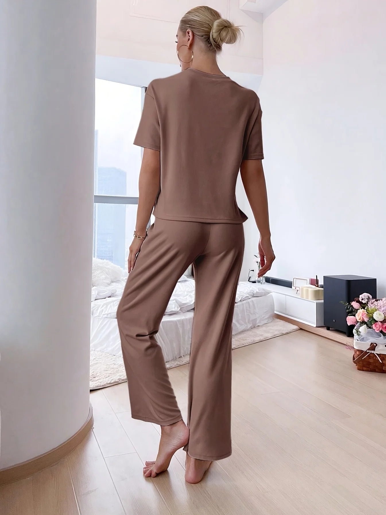 Women's Casual Loose Loungewear Set - Split Hem Top & Drawstring Waist Pants