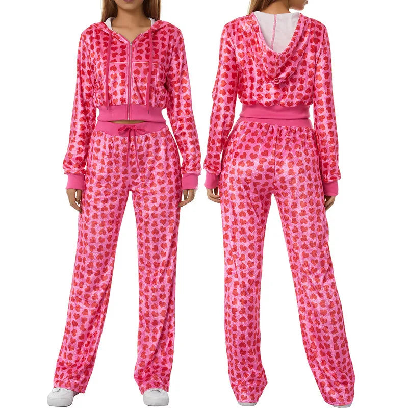 Women's Pants Suits Female Short Coat Heart Print Long Sleeve Tops with Zipper and Pockets Women's Clothes for Spring Fall 2024