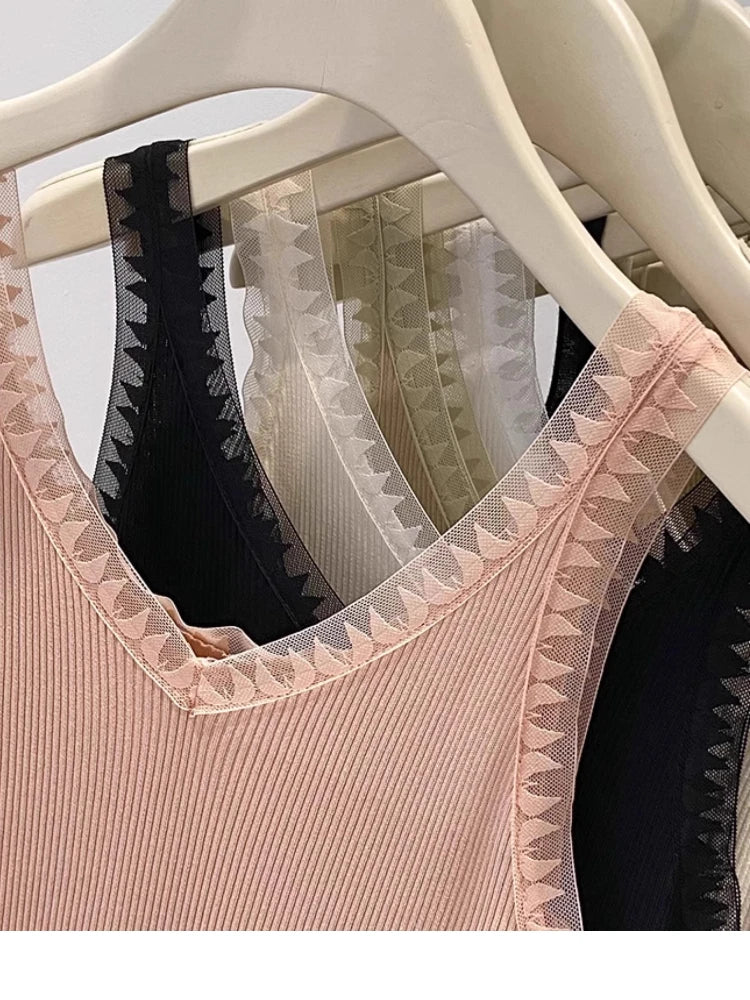 Women Summer Fashion Thin Knitted Undershirt Sleeveless Pullover Corset Top Half High Neck Comfortable Breathable Lace Tank Top