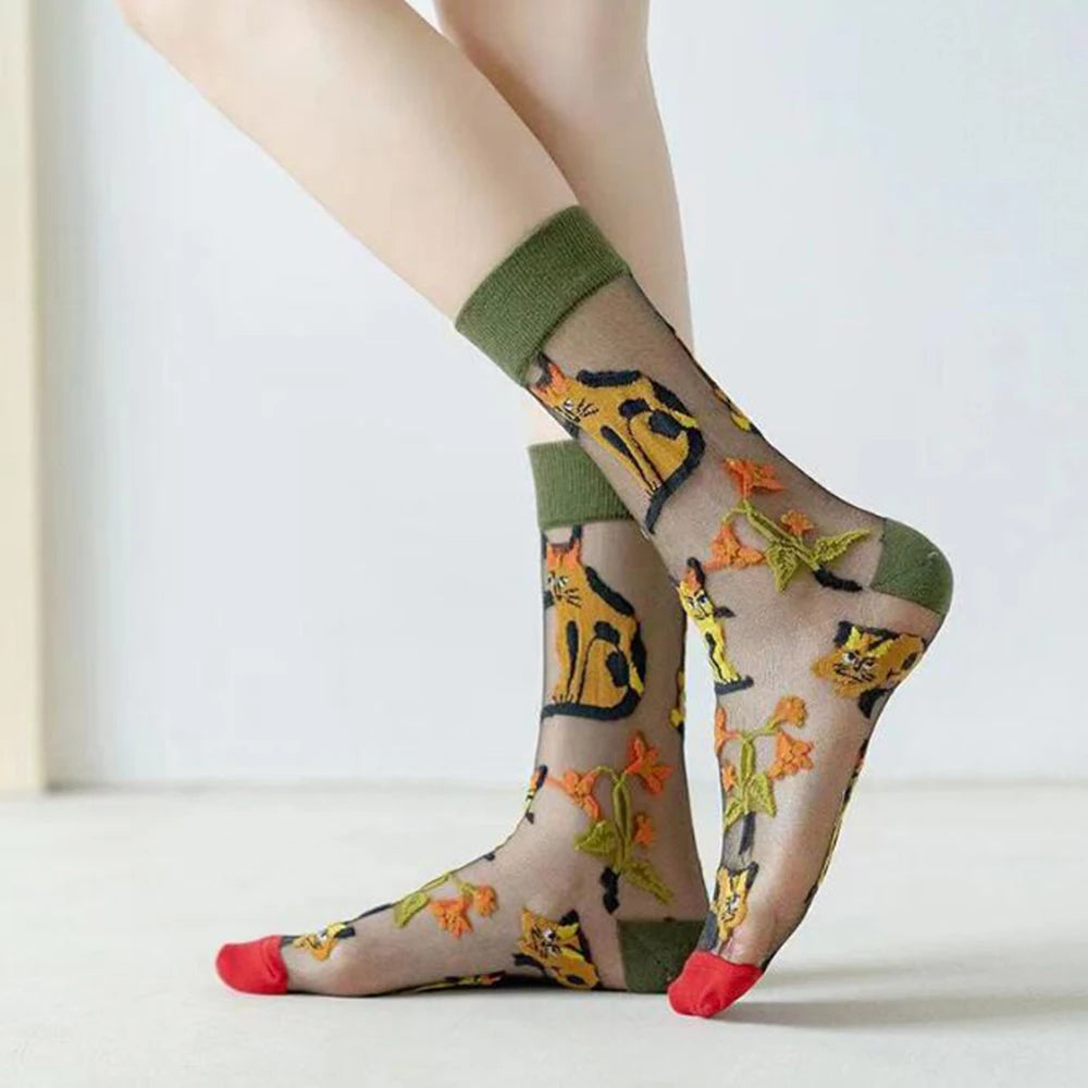 5 Pairs/Set France Hipster Design Glass Silk Floral Bird Funny Socks Women Transparent Art Ankle Socks Jacquard