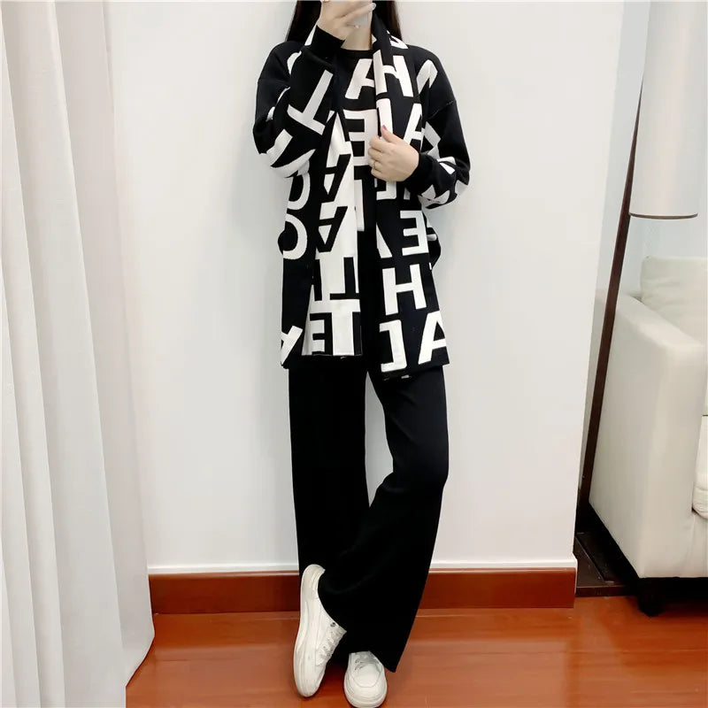 women's Clothing Autumn Winter Women Knited Letter Sweater + Pants + Cape Scarf 3PCS Suits Cappa Wraps Wide Leg Trousers Sets