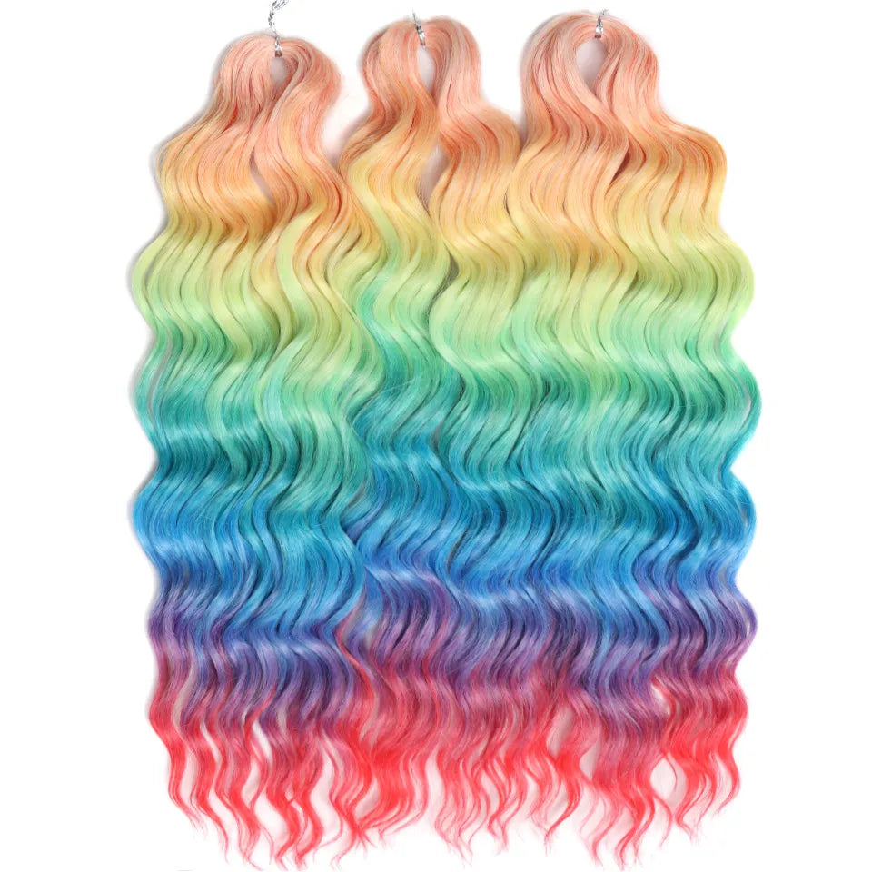 FASHION IDOL 24" 3pcs Deep Wave Curl Hair Synthetic Water Wave Braiding Hair Extensions Ombre Rainbow color Twist Crochet Hair