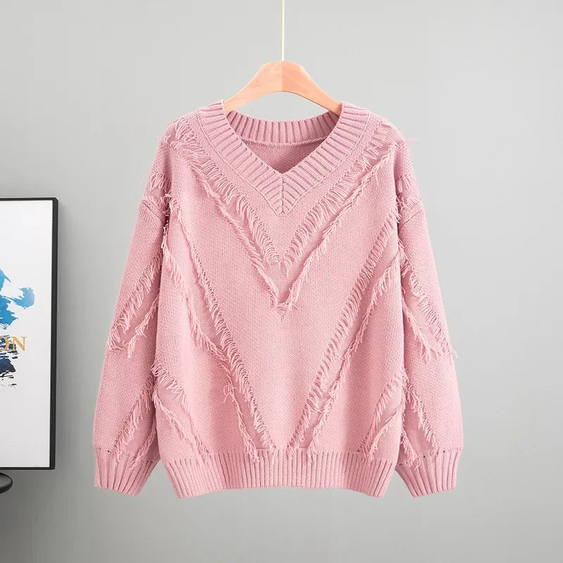 European and American New Women Clothing 2025 Autumn Lazy Wind Striped V-neck Sweater Loose Pullover Knitted Sweater Women