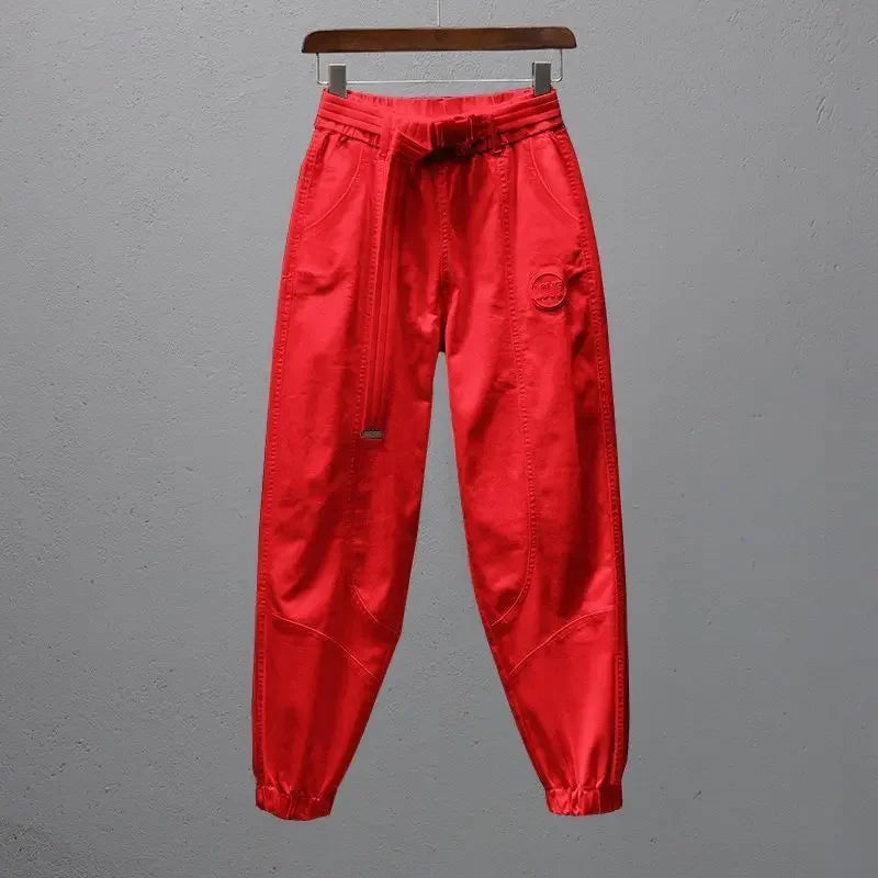 Women Harem Pants Cotton Sweat Pants Elastic Waist Office Lady Loose Casual Trousers with Belt Fashion Ankle Banded Red White