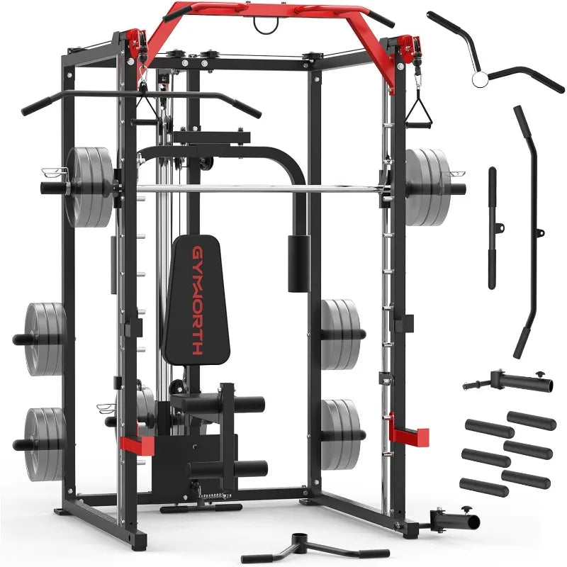 Power Rack with LAT Pulldown System, Power Cage with Cable System, Squat Rack for Home Gym with Chest Press Machine