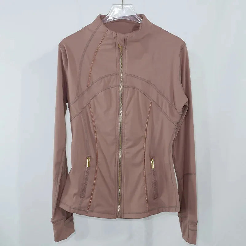 Women's Yoga Jacket with Golden Zipper | Slim Fit Stand Collar Cardigan | Anti-Slip Hem & Thumb Holes | Quick-Dry High Ela